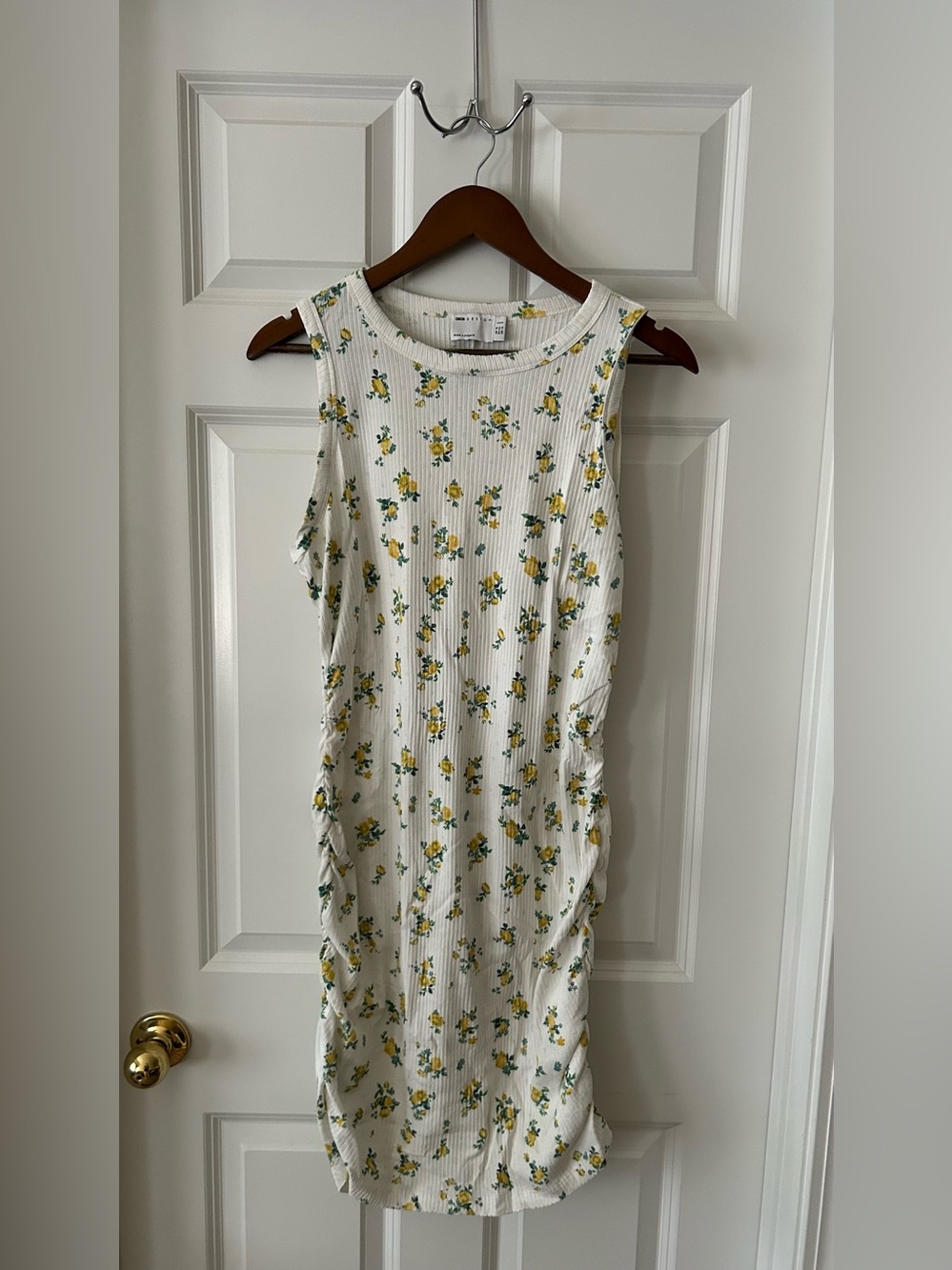 ASOS White Ribbed Floral Midi Dress with Yellow & Green Print